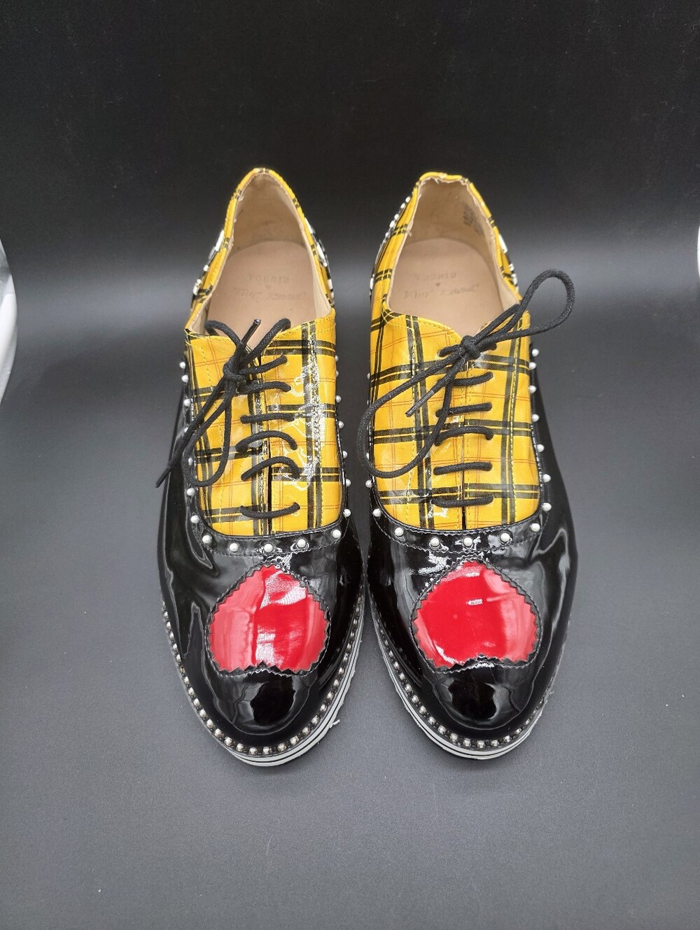 Torrid BetsyJohnson Black Patent  Lace-Up Oxfords Yellow Plaid Red Accent Sz 12